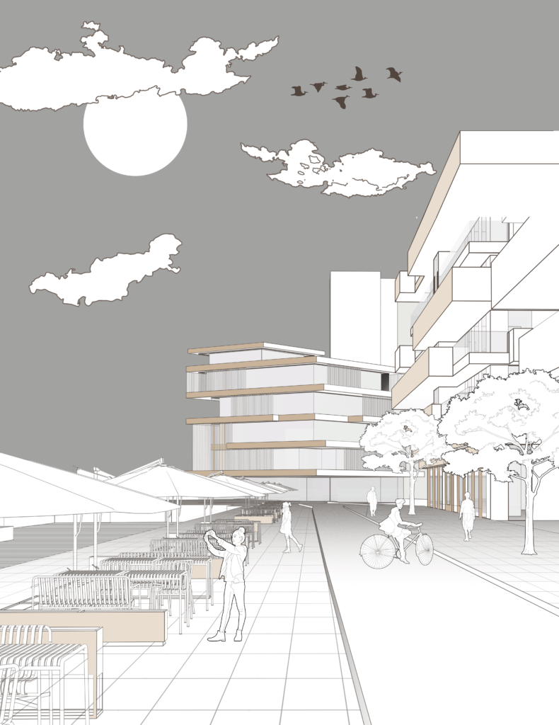 Perspective view of a canal-side public space with pedestrian routes, seating, trees, cyclists and surrounding buildings.