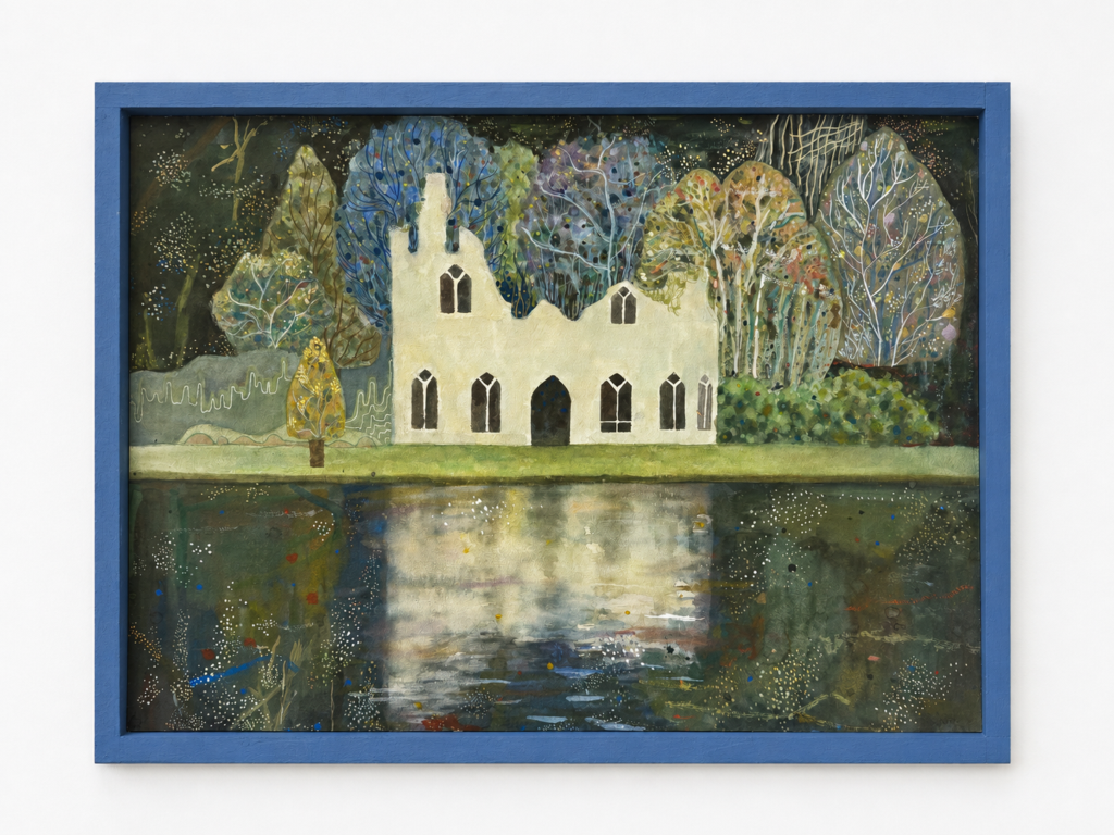 A watercolour painting from The Shore That Never Was series, depicting a dreamlike landscape with architecture, trees and reflections in water.
