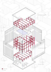 Exploded axonometric diagram showing the structural layers and internal spatial layout.