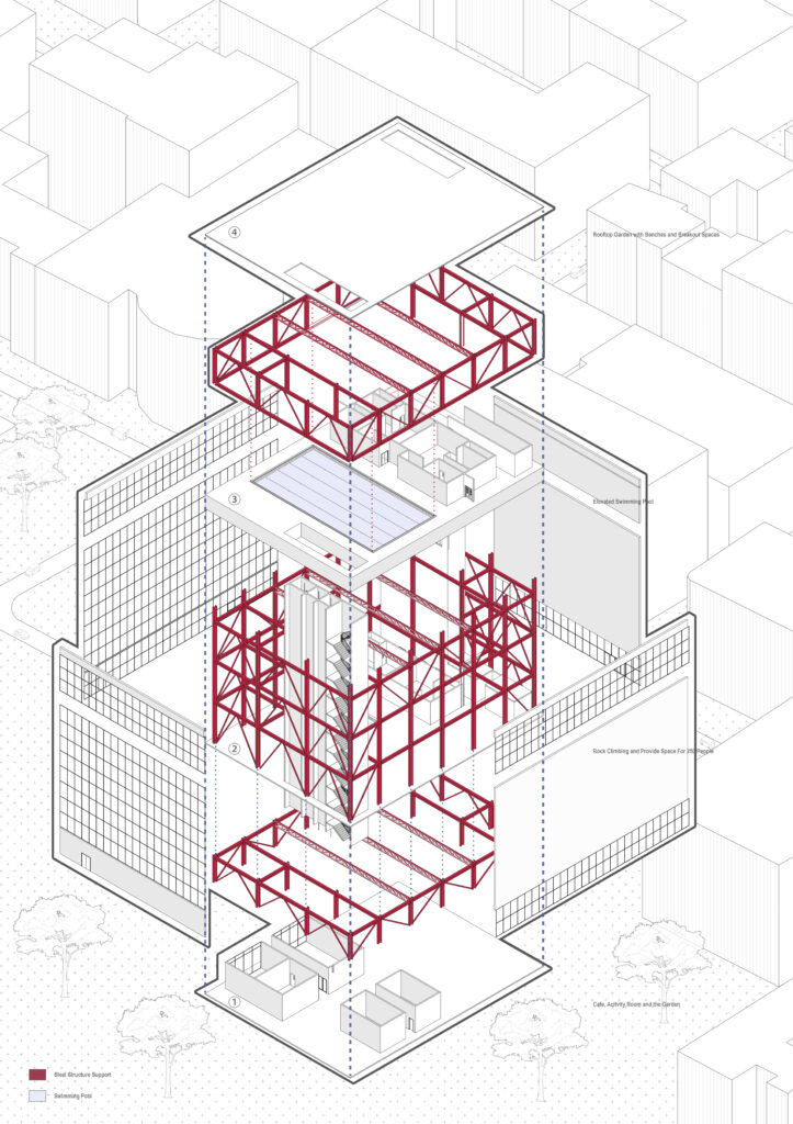Exploded axonometric diagram showing the structural layers and internal spatial layout.