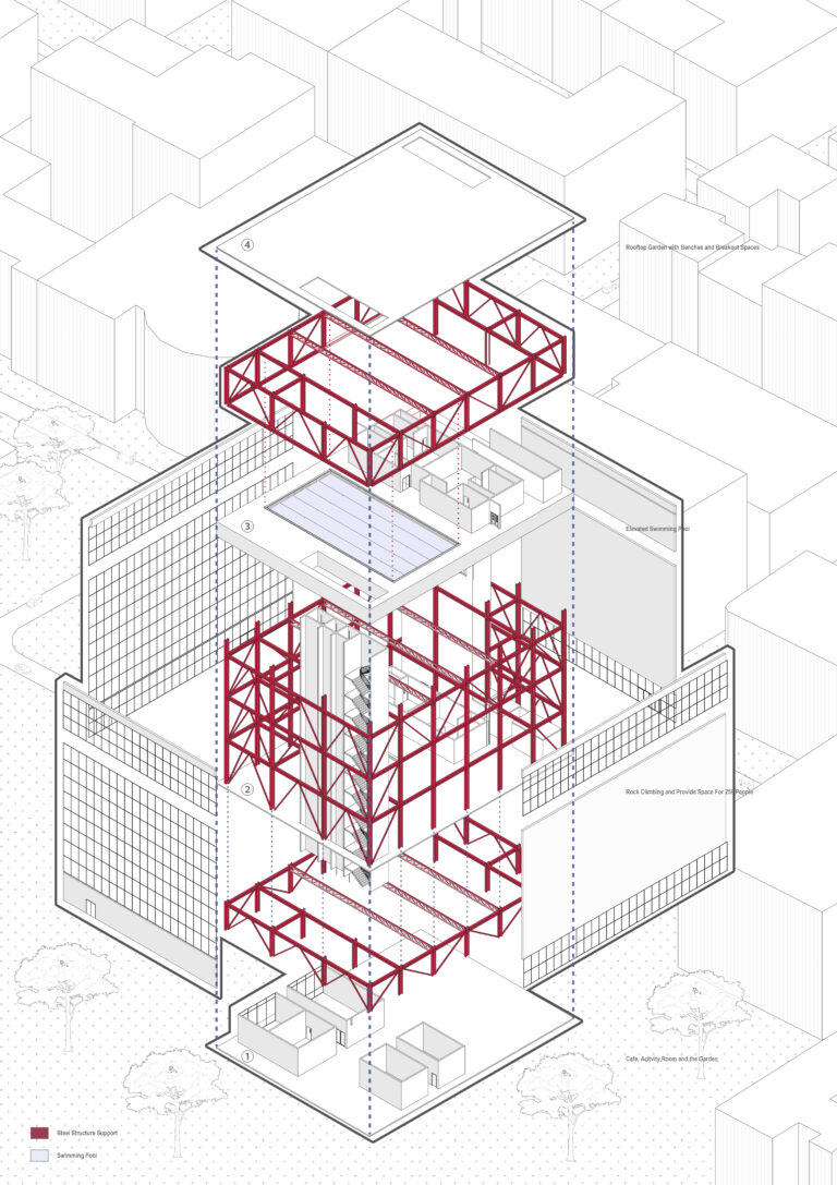 Exploded axonometric diagram showing the structural layers and internal spatial layout.