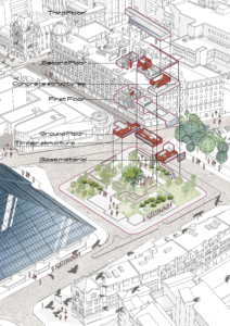 Exploded axonometric view showing the spatial organisation, circulation, landscape and relationship between different levels of the Women’s Urban Sanctuary in Glasgow.