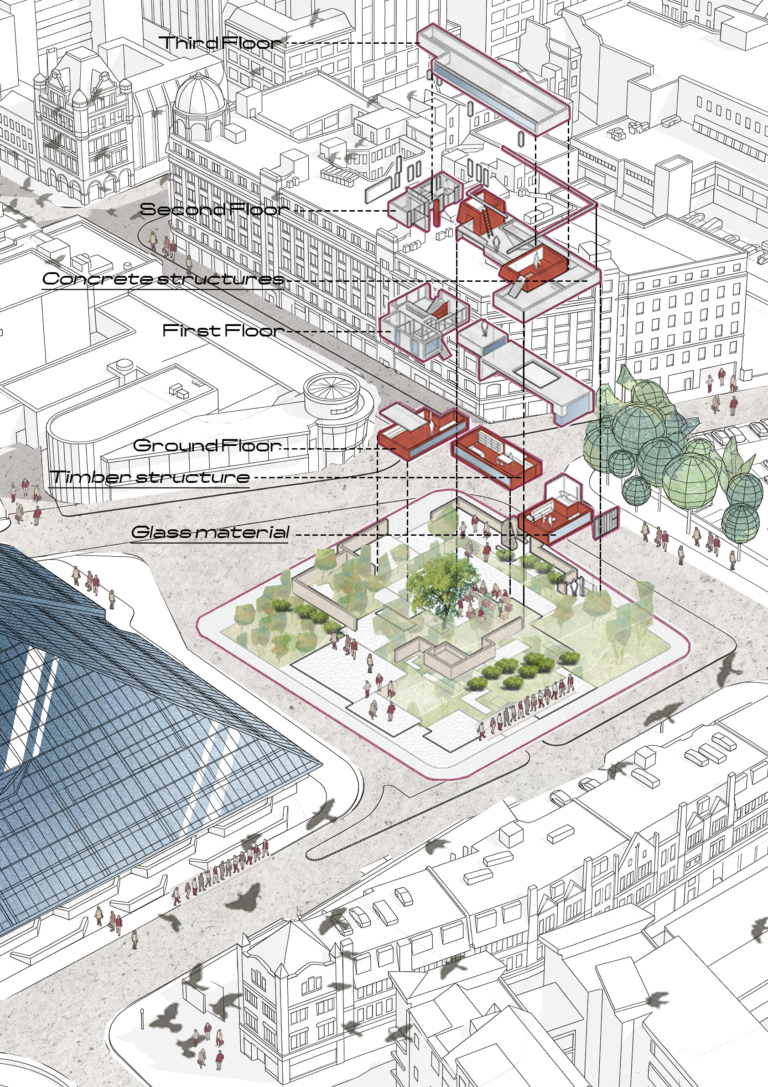 Exploded axonometric view showing the spatial organisation, circulation, landscape and relationship between different levels of the Women’s Urban Sanctuary in Glasgow.