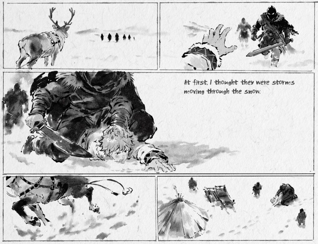 A black-and-white multi-panel ink illustration showing reindeer running through a snowy landscape and Aigin being restrained by several dark, cloaked figures near a tent and sled.