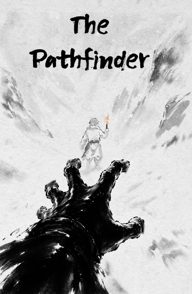 A vertical black-and-white ink illustration showing a large hand reaching from the foreground towards Aigin, who is seen from behind beside a small flame in a snowy landscape.
