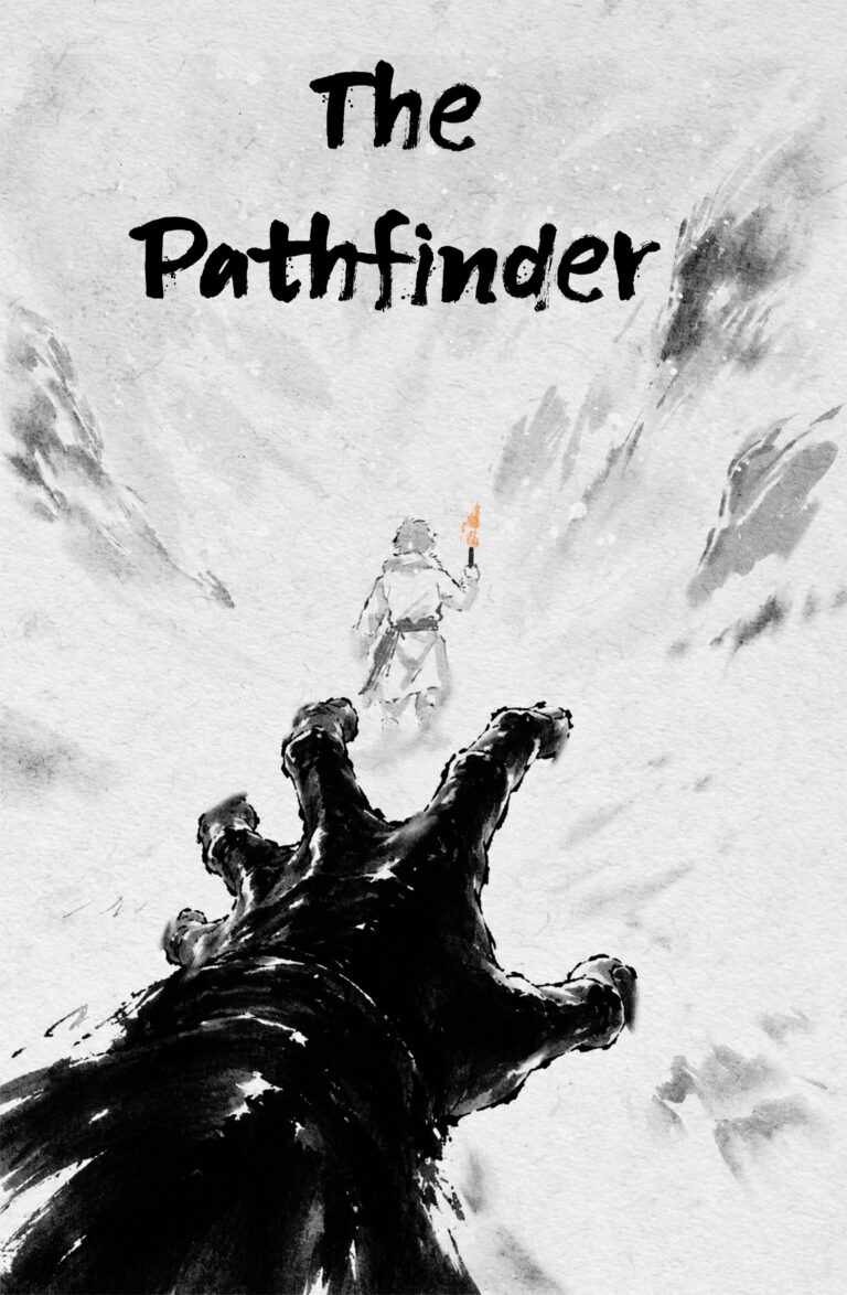 A vertical black-and-white ink illustration showing a large hand reaching from the foreground towards Aigin, who is seen from behind beside a small flame in a snowy landscape.