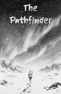 A vertical ink illustration showing Aigin as a small solitary figure in a wide snowy landscape beneath a sweeping aurora.