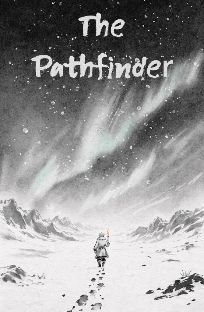 A vertical ink illustration showing Aigin as a small solitary figure in a wide snowy landscape beneath a sweeping aurora.