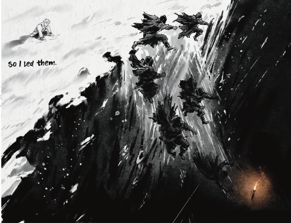 A rough double-page storyboard showing several cloaked figures falling from a steep cliff while Aigin remains near the snowy edge.