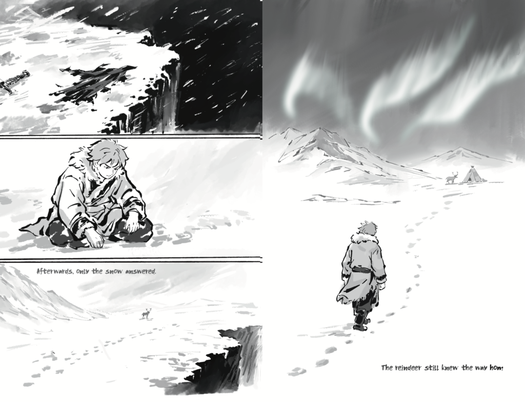 Two quiet storyboard pages showing Aigin recovering near the cliff and later travelling alone through a wide snowy landscape.