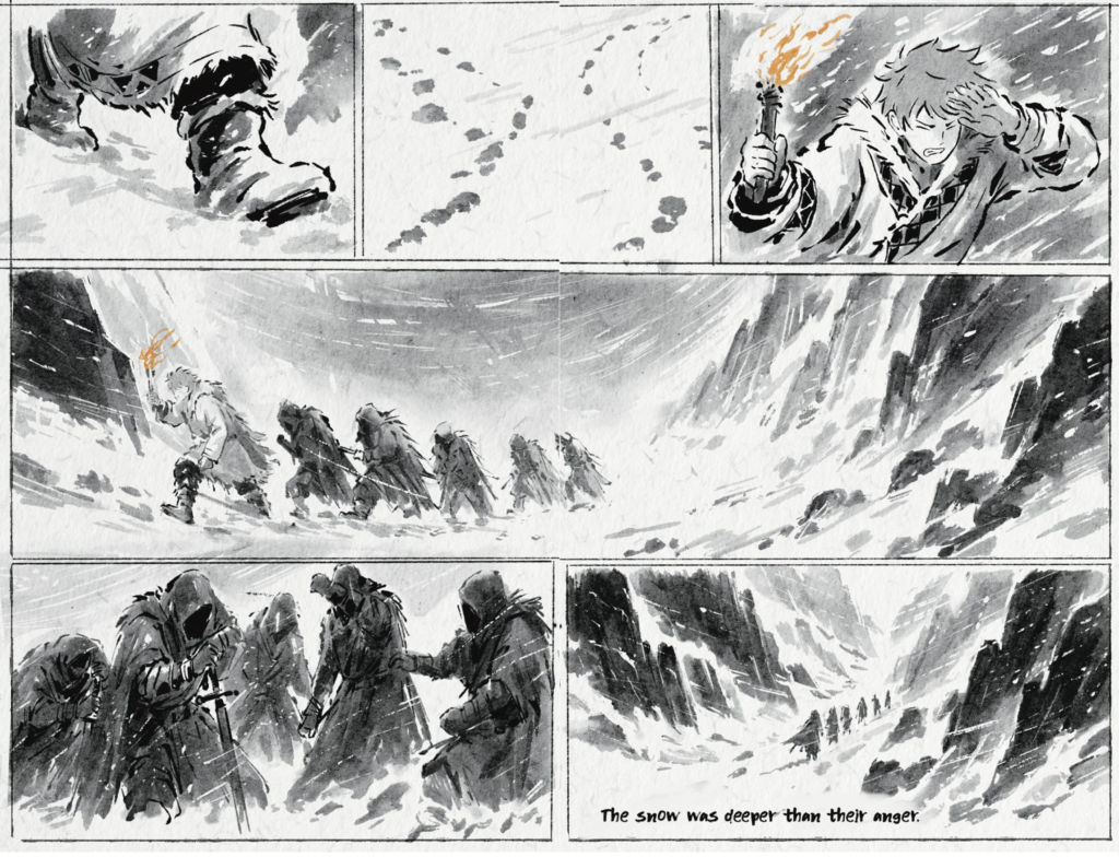 Two multi-panel storyboard pages showing Aigin carrying a torch through heavy snow while dark figures stumble and push behind him.