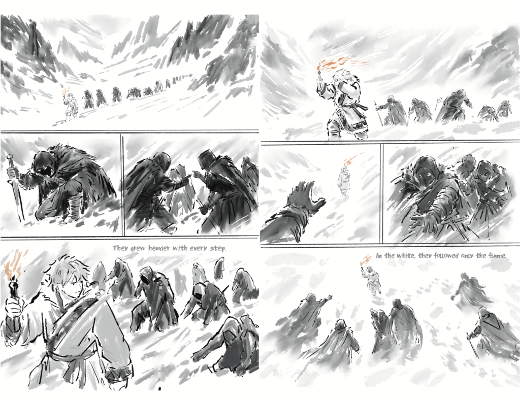 Two black-and-white storyboard pages showing dark figures following a small torch while Aigin looks towards the edge of a snowy cliff.