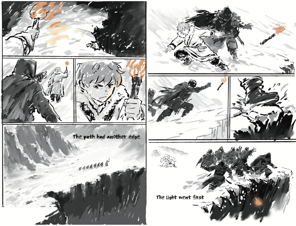 Two rough storyboard pages showing Aigin looking towards the cliff, gripping the torch and preparing to act as the captors approach.