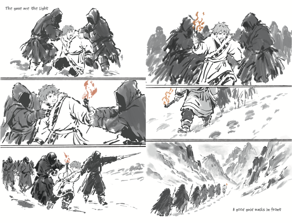 Two black-and-white storyboard pages showing Aigin being given a torch and pushed in front of a group travelling towards the mountains.