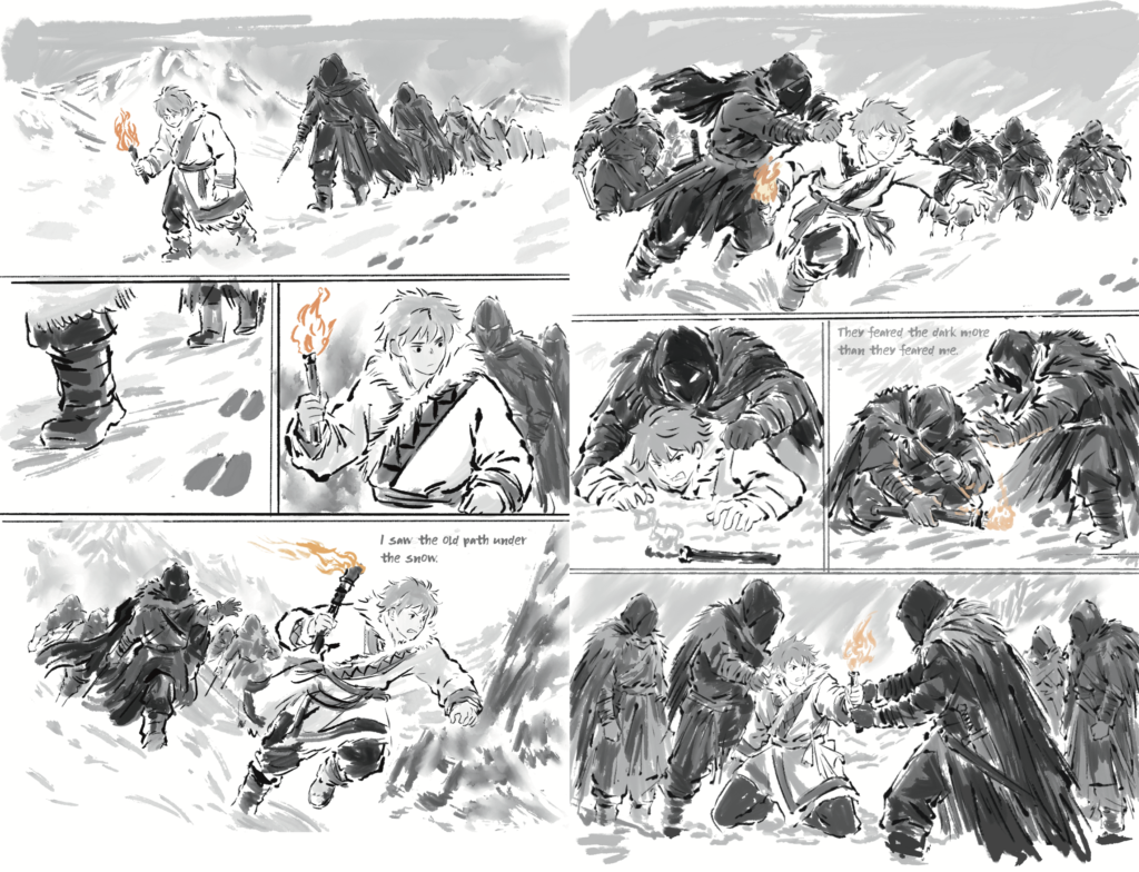 Two rough storyboard pages showing Aigin attempting to run, being knocked down and dropping an extinguished torch into the snow.