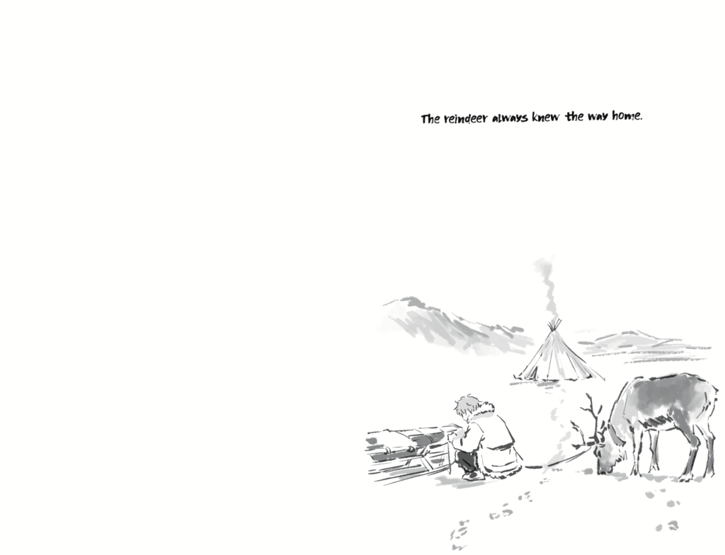 A rough black-and-white storyboard page showing Aigin, reindeer, a tent and a sled in an open snowy landscape.