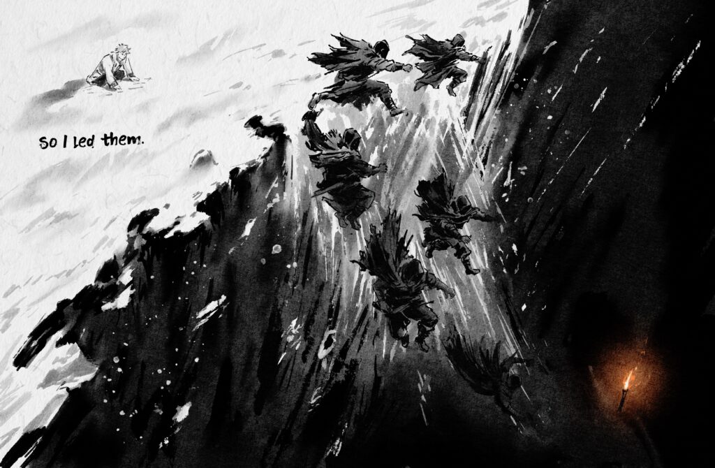 A dramatic black-and-white ink illustration showing several dark, cloaked figures falling from a steep snowy cliff while Aigin remains near the upper edge.