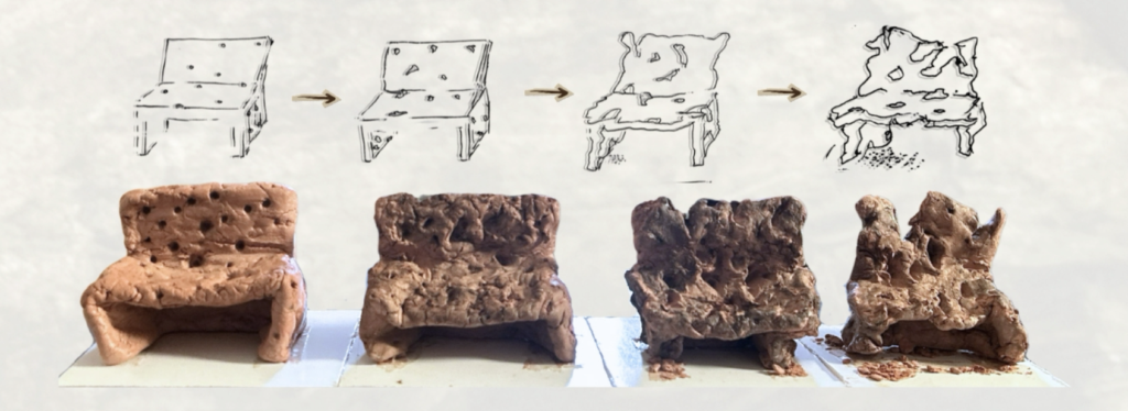 The image represents the stages of decay of a bench.