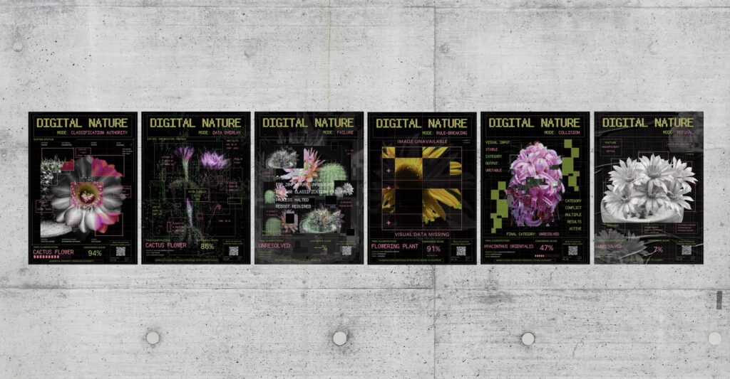 Six vertical black posters displayed as one series. Each poster combines a plant image with green and pink grids, labels, confidence scores and machine-vision interface elements.