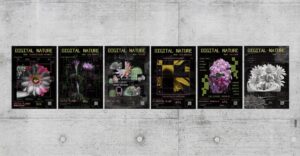 Six vertical black posters displayed as one series. Each poster combines a plant image with green and pink grids, labels, confidence scores and machine-vision interface elements.