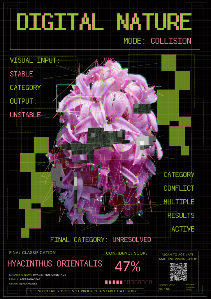 A black poster showing a plant crossed by many green and pink detection lines. Pixel blocks, conflicting labels and a 47% confidence score surround the image.