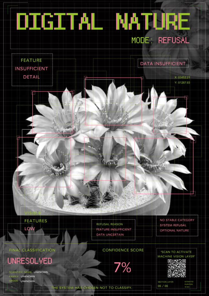 A black poster showing a greyscale plant inside several detection boxes. The interface displays insufficient data, unresolved classification and 7% confidence.