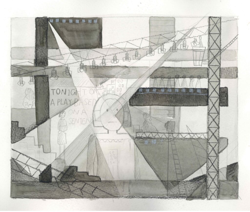 A monochrome theatrical stage drawing with a central figure surrounded by platforms, stairs, lighting rigs, suspended structures and small figures at different levels.