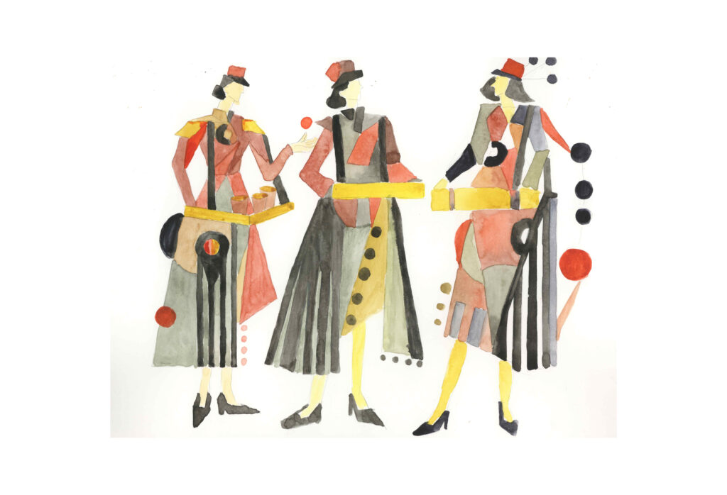 Three costume designs for the ticket seller and narrator, shown as geometric female figures in red, grey, black and yellow, with trays and circular details.
