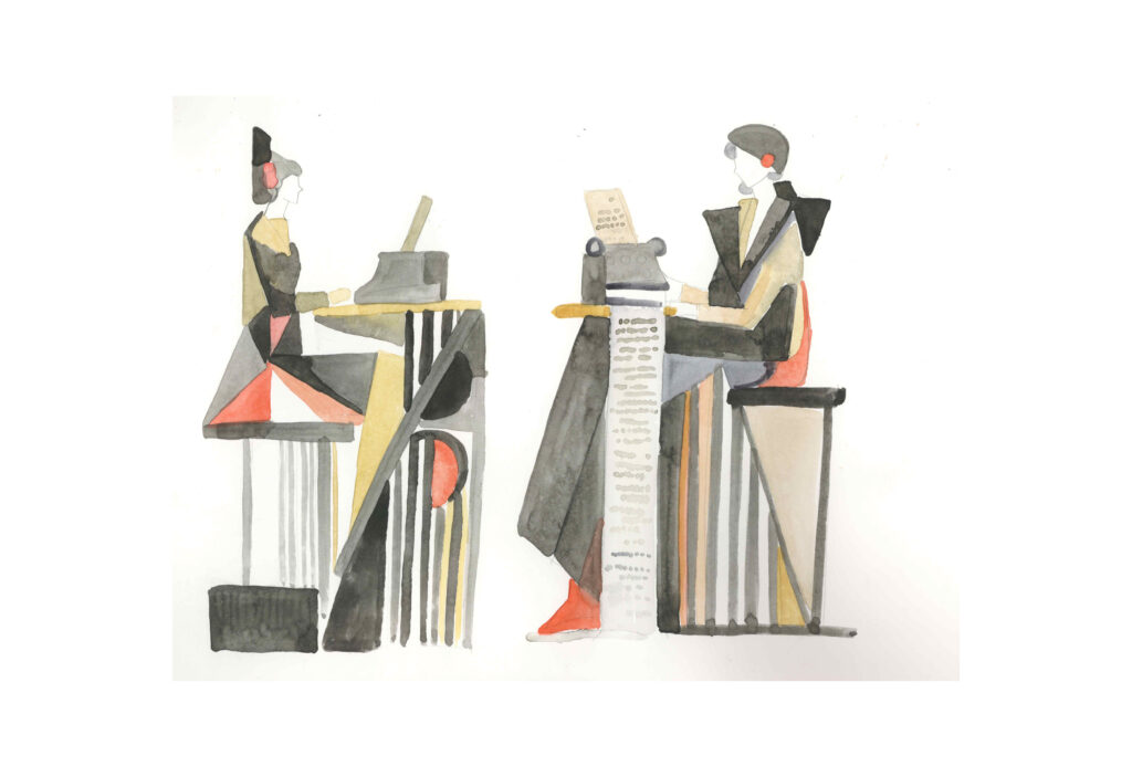 A theatrical illustration showing several geometric figures arranged around lectern-like structures and platforms, in a composition of cream, grey, black, yellow and red.
