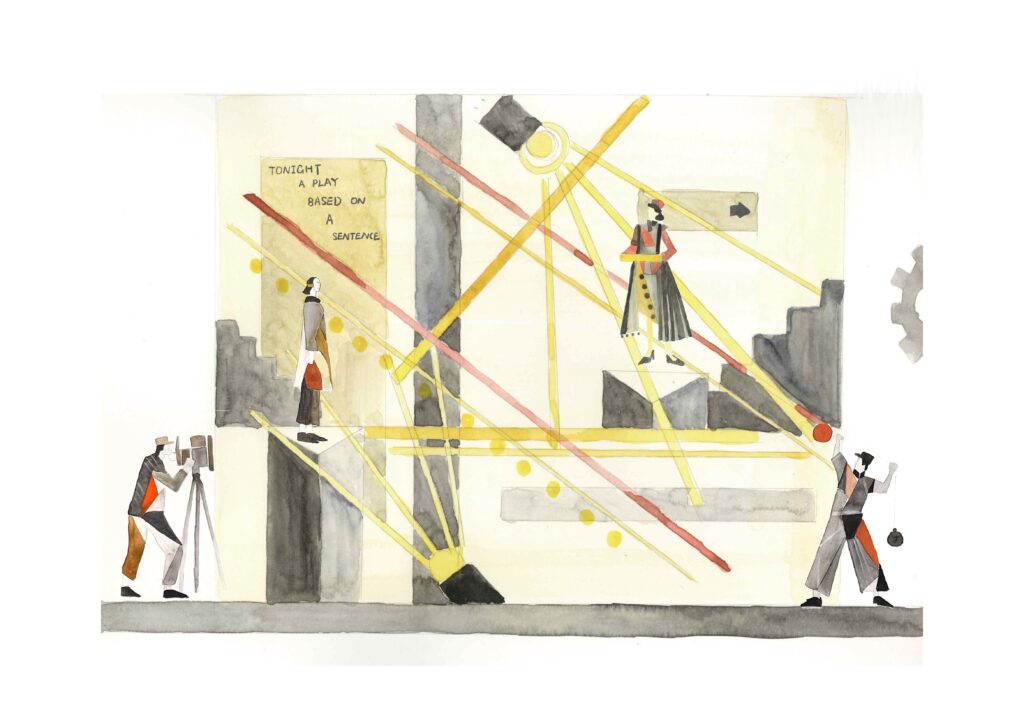 Alt Text 可以写得更客观一点,不解释概念: A theatrical illustration showing a ticket seller and several figures positioned around a layered geometric stage, with black structures and diagonal yellow and red lines across the scene.