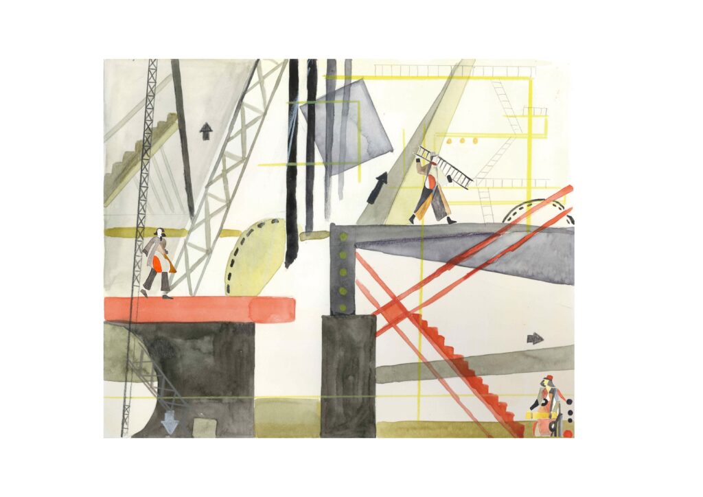 A theatrical illustration showing layered geometric stage structures with suspended lines, angular platforms and small figures arranged across the composition in cream, grey, yellow, black and red.