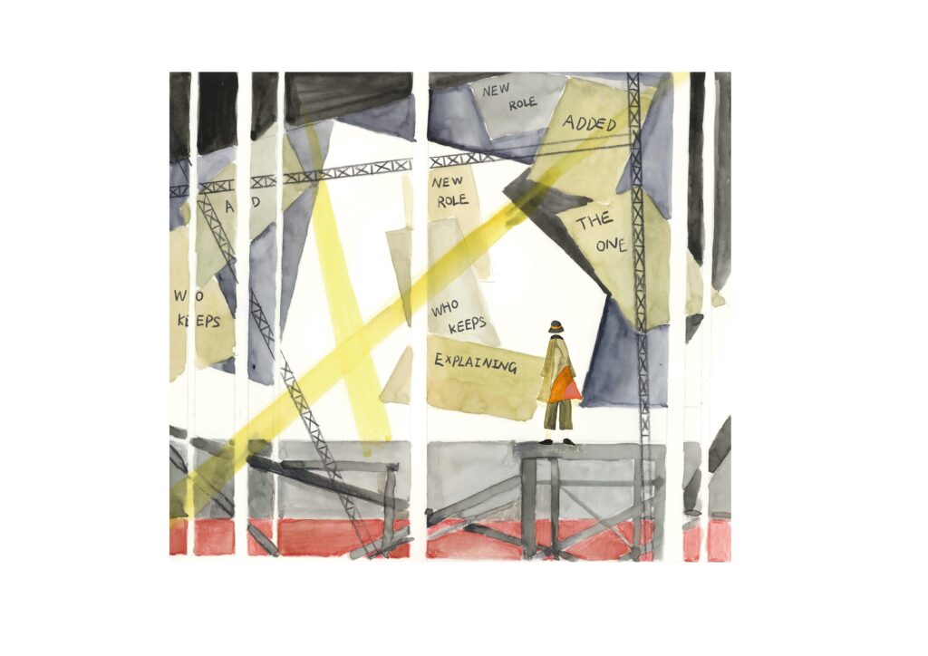 A theatrical illustration showing geometric stage structures with black and white vertical panels, diagonal yellow lines and a small figure positioned within the composition.