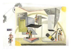 A theatrical illustration showing several geometric characters on different levels of a stage, surrounded by signs, platforms and large grey, yellow and black structures.