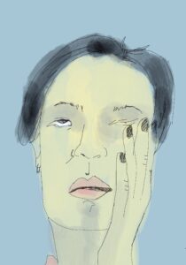 Illustrated portrait from the animation FaceTime, showing a figure during a video call.