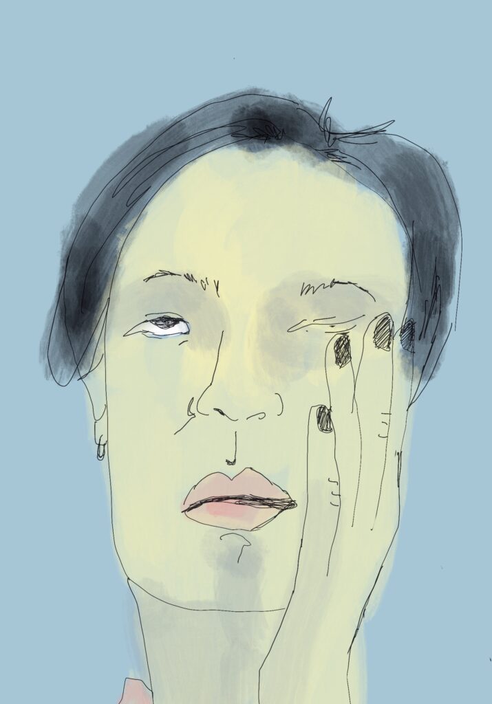 Illustrated portrait from the animation FaceTime, showing a figure during a video call.