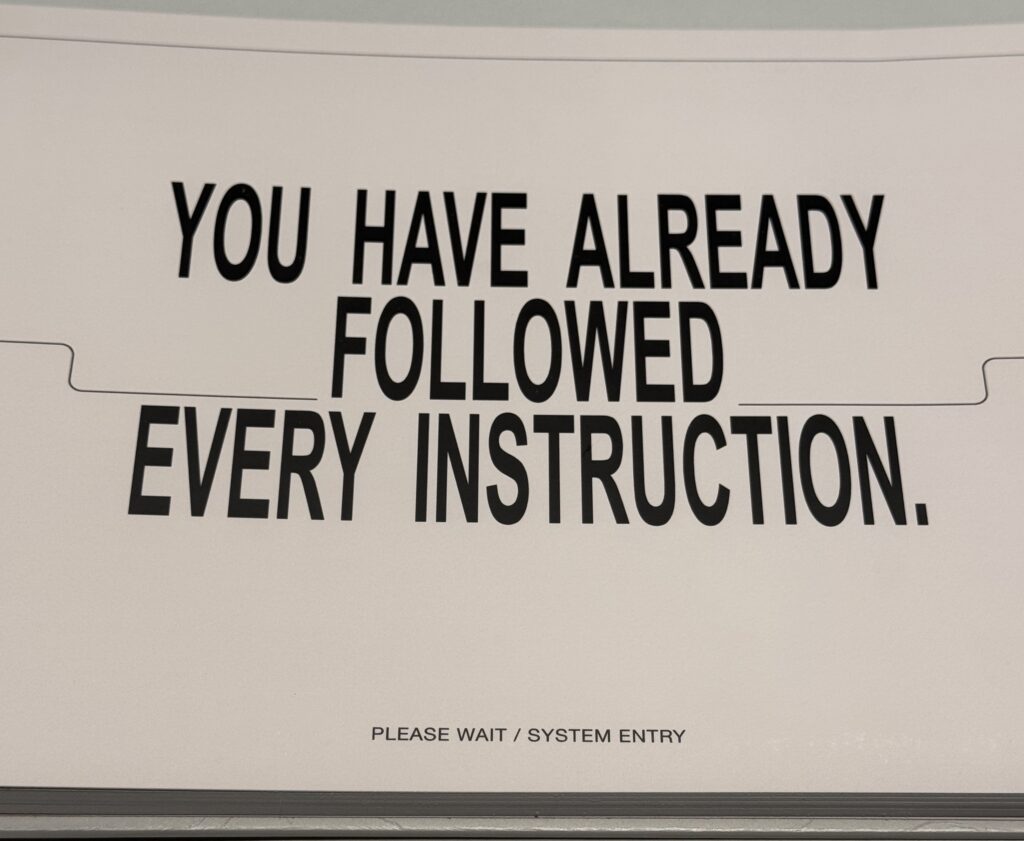 A publication page displaying the statement “YOU HAVE ALREADY FOLLOWED EVERY INSTRUCTION.” in large black typography on an off-white background.