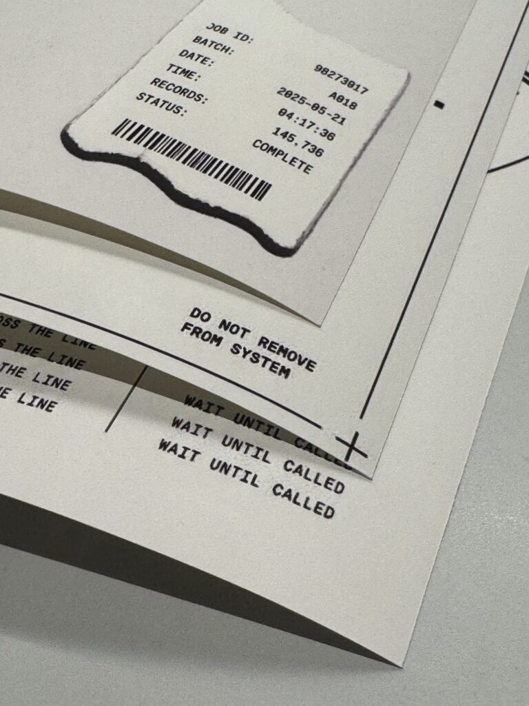 Close-up of three printed posters from the PLEASE WAIT series physically stacked on top of one another, showing overlapping paper edges, institutional text and graphic elements.