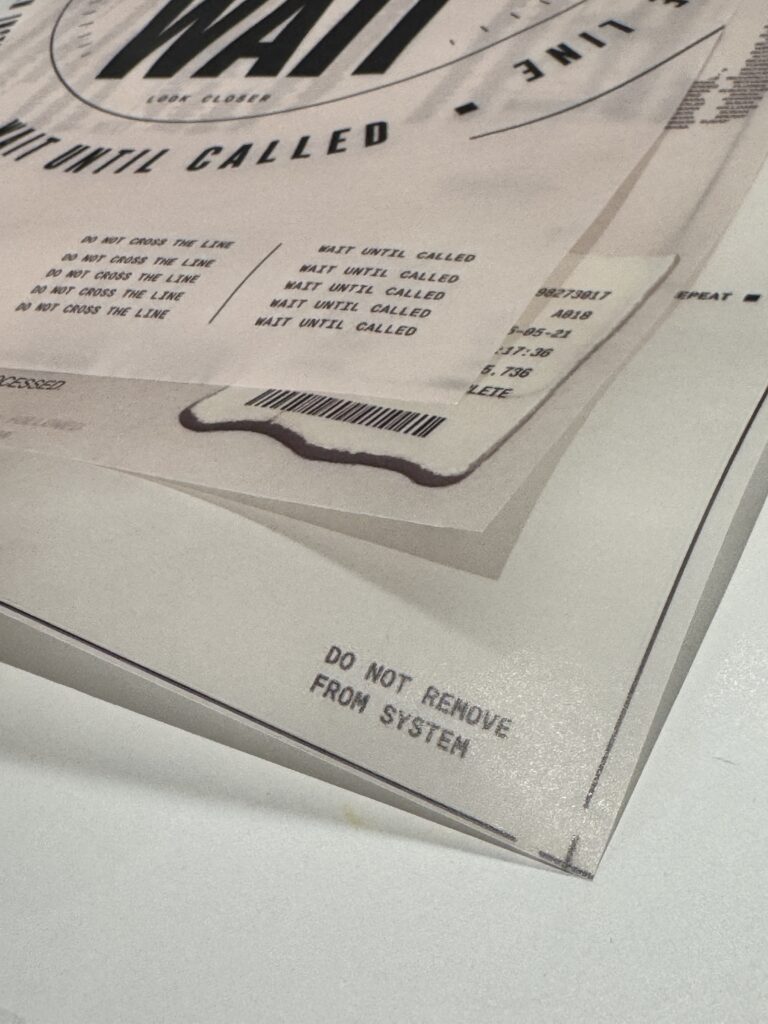 Close-up detail of three tracing-paper posters from the PLEASE WAIT project, showing translucent layers of administrative text, numbers, routes and printed instructions overlapping across the paper surface.