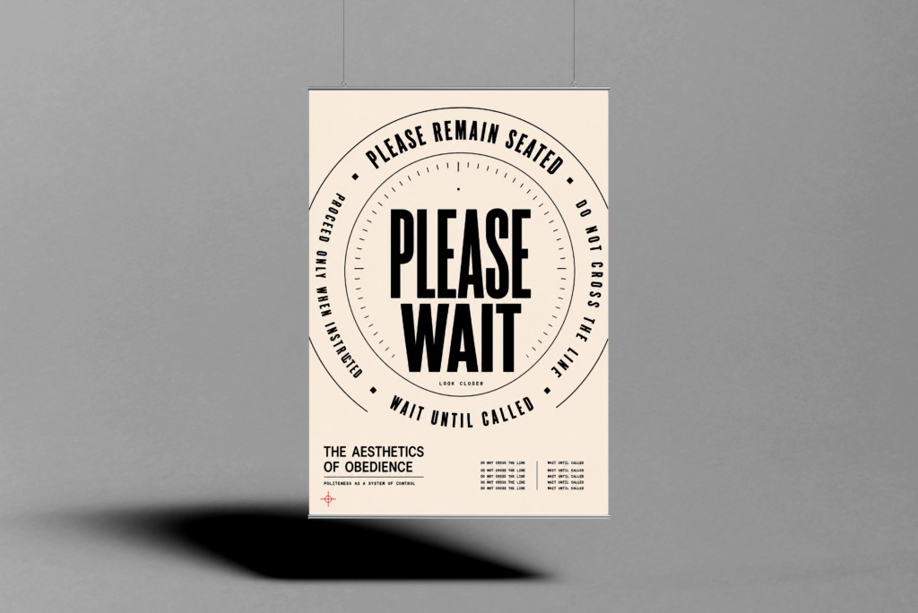 An off-white poster with large black words PLEASE WAIT surrounded by circular institutional instructions and fine registration marks.