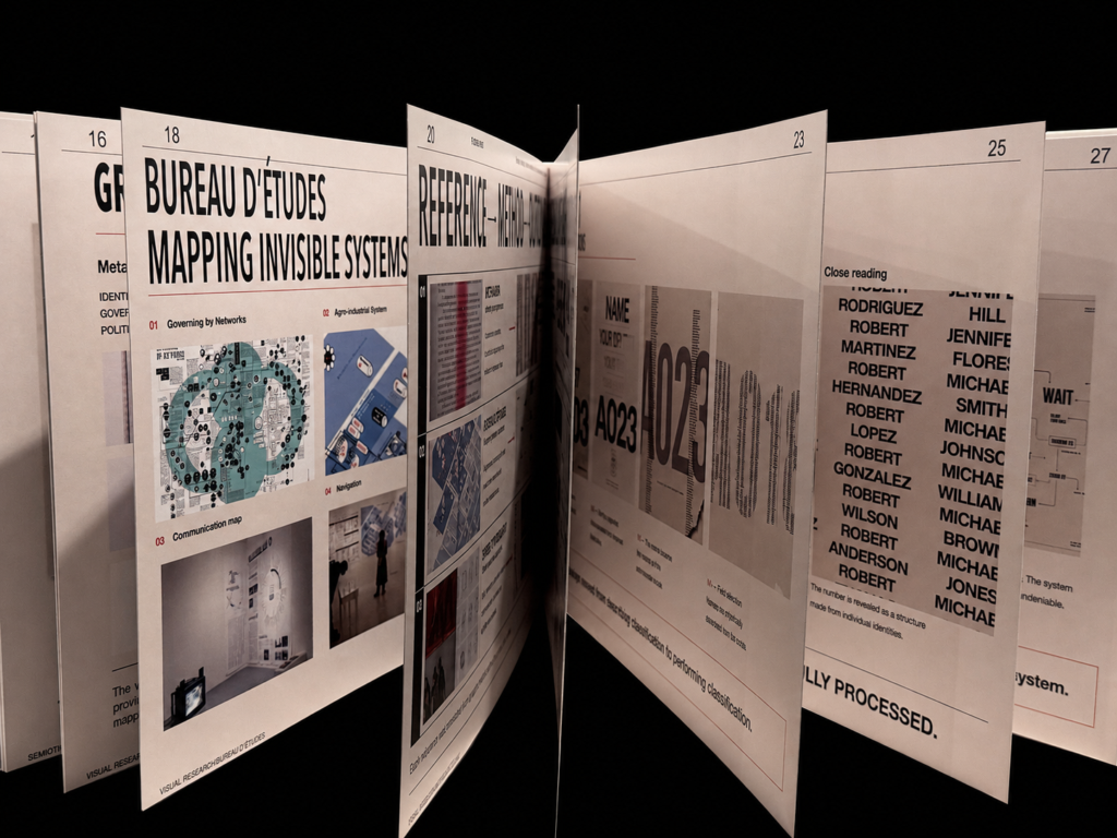 Open spreads from the PLEASE WAIT hardbound publication showing graphic design research, mapping references, typographic systems and the development of the project’s visual language.