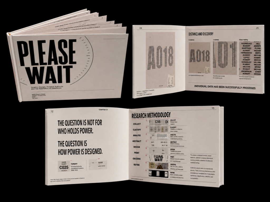 Open pages from the PLEASE WAIT hardbound publication showing research images, typographic layouts, diagrams and poster development on off-white spreads.
