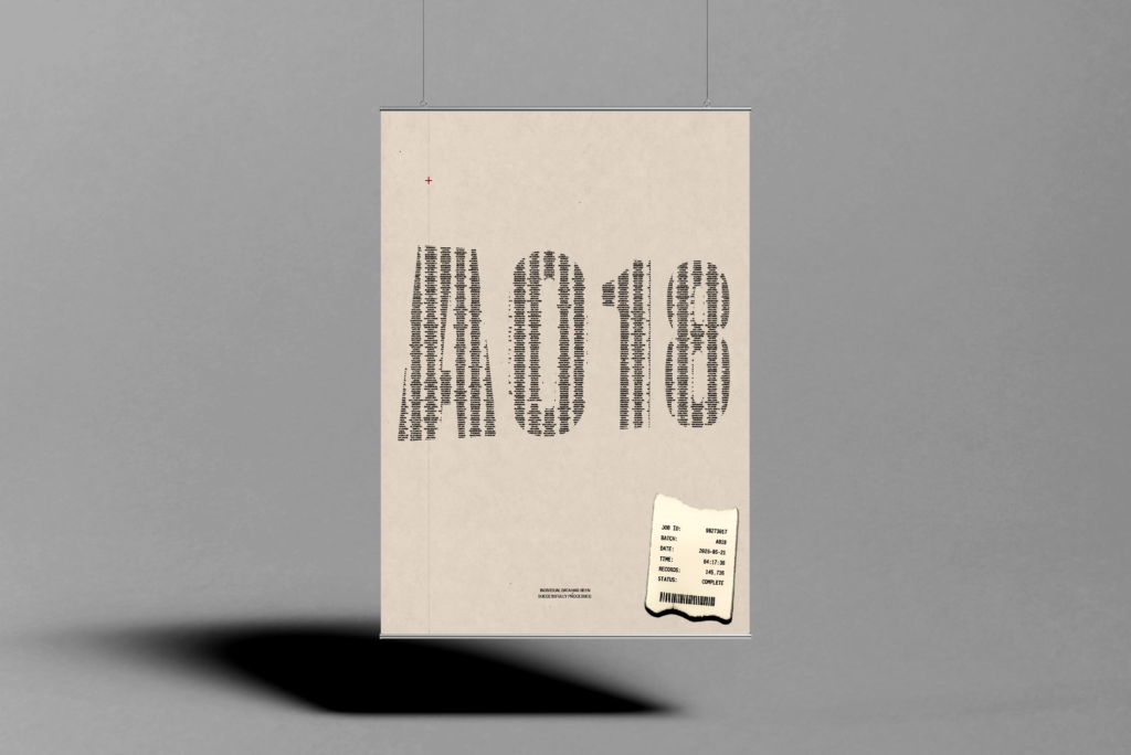 A large off-white poster featuring the administrative code A018, constructed from hundreds of individual names, with small ticket-like details and red registration marks.