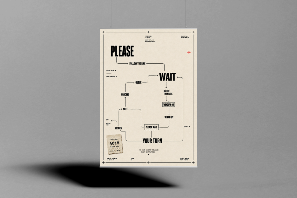 An off-white graphic poster composed of black directional lines, arrows and institutional commands including PLEASE, FOLLOW THE LINE and WAIT.
