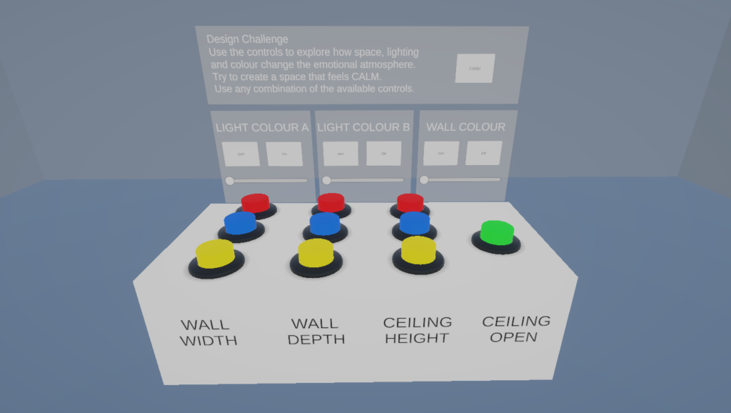 VR control panel for adjusting wall colour, lighting, room dimensions, ceiling height and openings.
