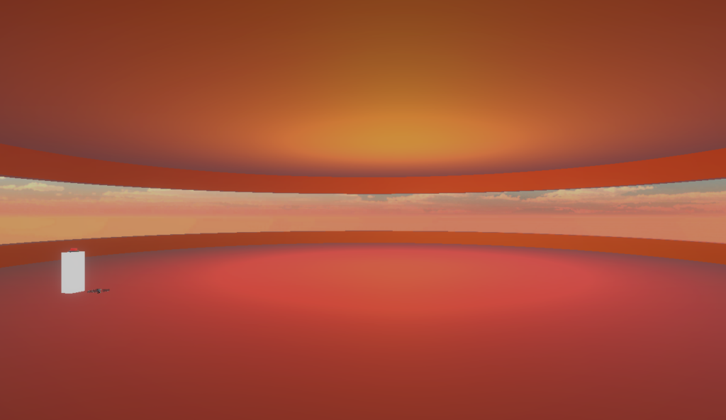 Warm orange virtual architectural space with wall openings and natural light.