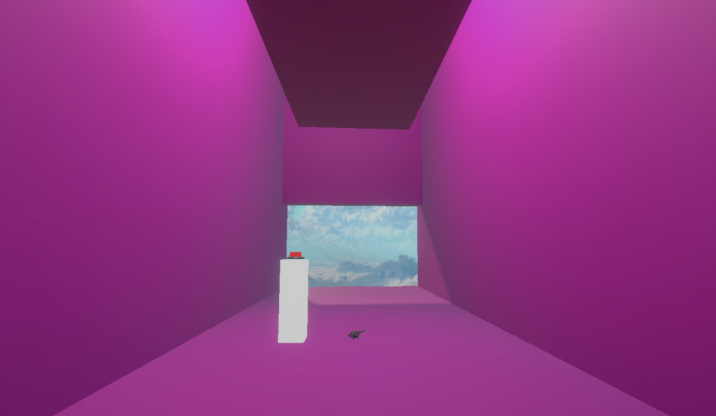 Purple virtual architectural environment with a large wall opening overlooking the sky.