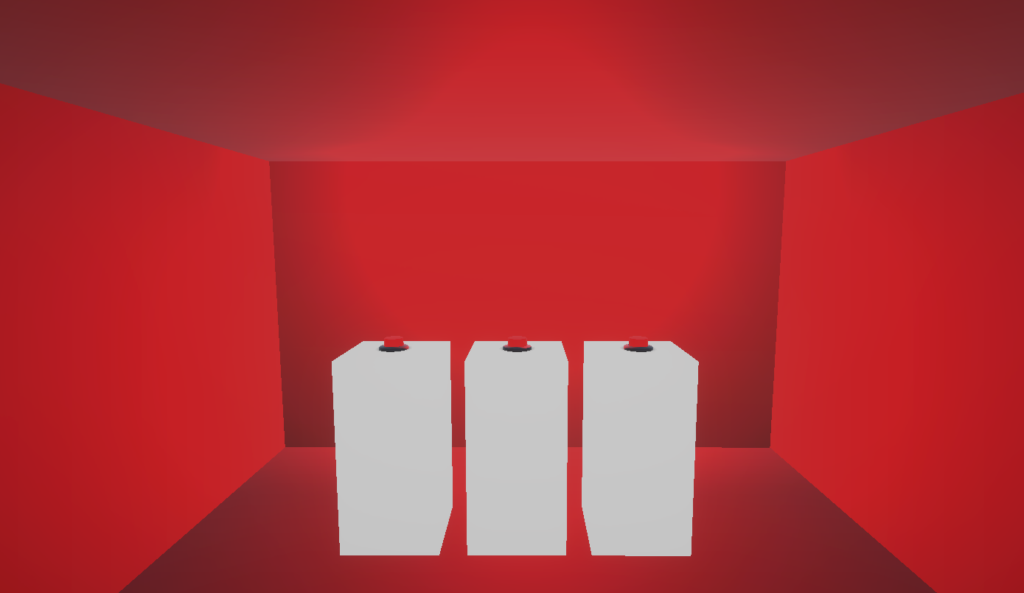 Virtual architectural room with red walls and a low ceiling.