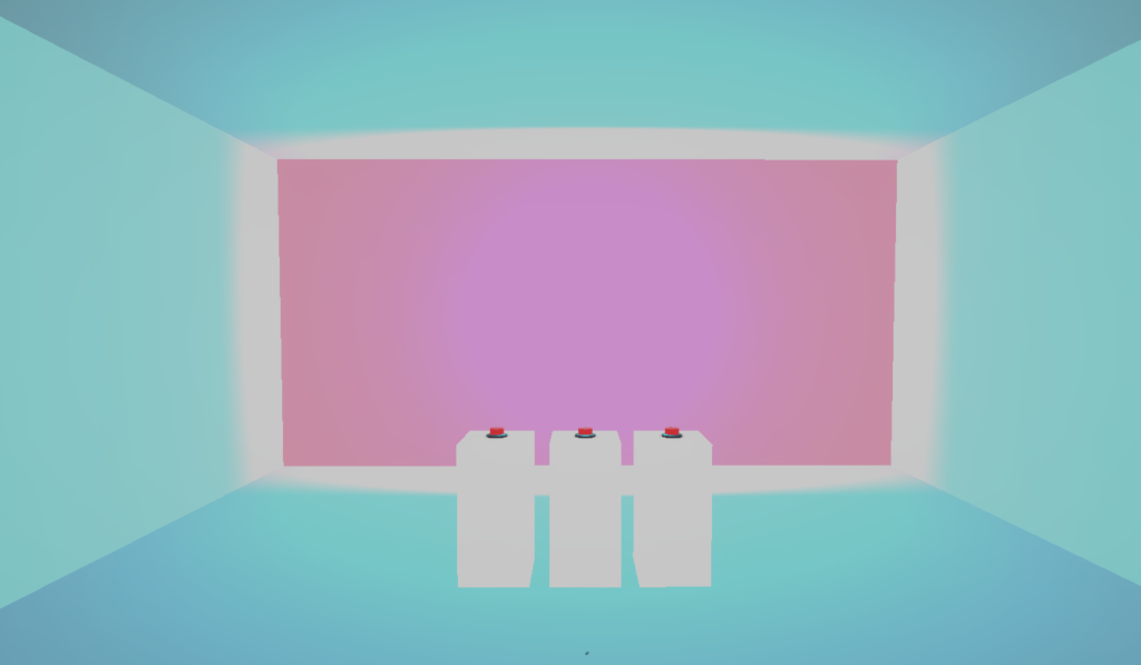 Virtual architectural environment using blue and pink surfaces and spatial lighting.