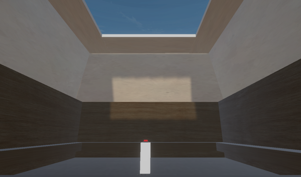 Virtual architectural environment with textured walls, ceiling openings and natural light.