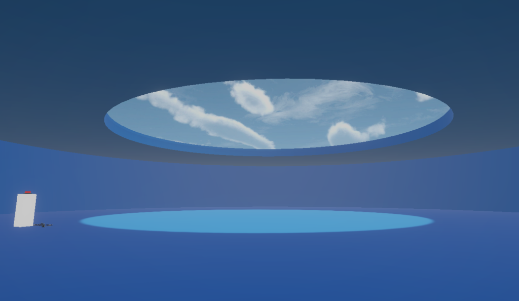 799.PNG Blue virtual architectural space with a circular ceiling opening and natural light.